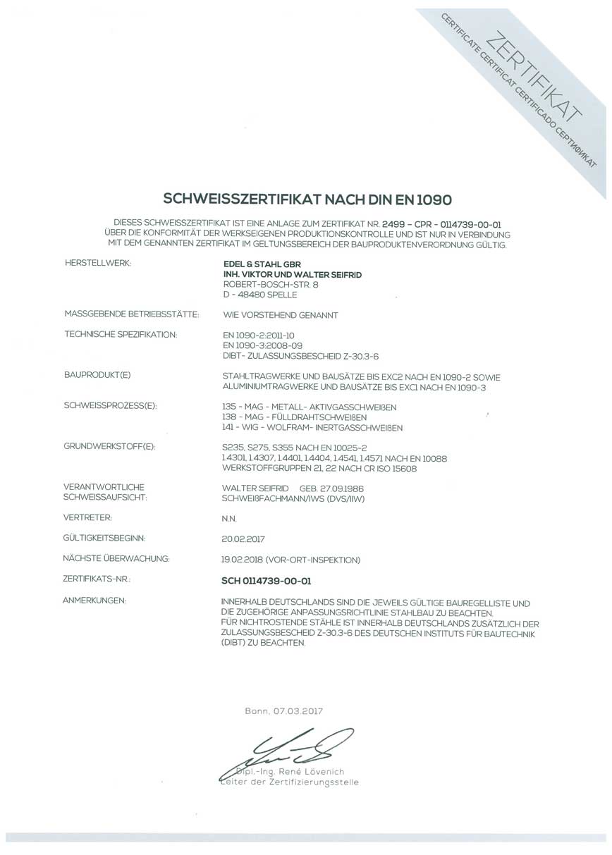 Zertifikat DIN EN 1090